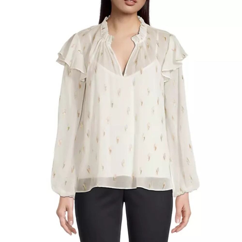 NWT Shoshanna Alisha Metallic Chiffon Long Sleeve Top XS